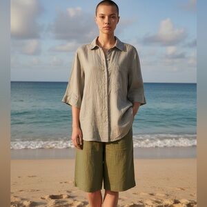 Zara 100% Linen Taupe Gray Lightweight Boxy Shirt Size Large Button Down Casual